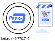 Circular logo with Pay text and arrow, alongside smartphone with shopping cart and buy button. Ideal for digital payments, e-commerce, mobile apps, online shopping, technology services. Simplistic. Digital Payment Gateway and Online Shopping Mobile Interface Concept. Стоковая иллюстрация, агентство Ingram Publishing / Фотобанк Лори