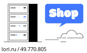 Server rack with a cloud illustration and Shop speech bubble. Ideal for e-commerce, online shops, technology services, cloud computing, and web hosting. Simple minimalist style in black, blue. Server Rack and Cloud Shop Speech Bubble Design in Minimalist Style for E-commerce and Technology Themes. Стоковая иллюстрация, агентство Ingram Publishing / Фотобанк Лори