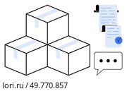 Three packed boxes taped securely in 3D layout. Receipt or invoice with a blue checkmark and speech bubble with communication dots. Ideal for e-commerce, shipping, logistics, inventory, tracking. Shipping and Logistics Management with Ready Packages, Receipt, and Communication Bubble. Стоковая иллюстрация, агентство Ingram Publishing / Фотобанк Лори