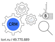 Three interconnected gears with symbols for CRM customer relationship management growth analytics and technology. A magnifying glass and blockchain circuit represent digital tools and research. Ideal. Simplified Technology and CRM Management with Blockchain and Analytics. Стоковая иллюстрация, агентство Ingram Publishing / Фотобанк Лори