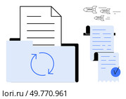 Folder with a syncing icon and a document, invoices with a checkmark, and flying financial symbols. Ideal for business document management, finance organization, workflow optimization, digital. Efficient Document Management with Invoices and Syncing Processes. Стоковая иллюстрация, агентство Ingram Publishing / Фотобанк Лори