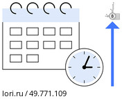 Calendar with boxes and a clock next to a rising arrow and Bitcoin symbol. Ideal for digital finance, cryptocurrency trends, investment schedules, financial planning, and time management. Simple. Digital Finance Schedule with Bitcoin Trend and Time Management Concept. Стоковая иллюстрация, агентство Ingram Publishing / Фотобанк Лори