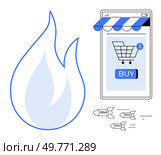 Flame symbol, online shopping cart on a mobile screen with a Buy button, and three DDoS attack symbols representing cybersecurity threats. Ideal for online security, e-commerce, cyber threats. Cybersecurity Threats to Online Shopping Platforms Depicted Through Visual Metaphors. Стоковая иллюстрация, агентство Ingram Publishing / Фотобанк Лори