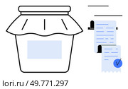 Clear mason jar with cloth cover alongside a checklist on rolled paper. Ideal for kitchen organization, canning, recipe management, to-do lists, and grocery planning. Minimal and clean design. Mason Jar with Cloth Cover and Checklist on Paper. Стоковая иллюстрация, агентство Ingram Publishing / Фотобанк Лори