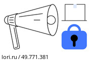 Megaphone alongside a blue lock and a piece of tape, representing communication and security. Ideal for themes like announcements, security, privacy, protection, and information sharing. Simple. Megaphone Communication and Security Lock Symbol for Announcement and Protection Themes. Стоковая иллюстрация, агентство Ingram Publishing / Фотобанк Лори