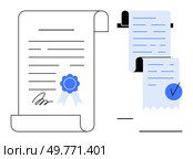 Signed certificate with blue ribbon next to two receipts, one highlighted with a verified checkmark. Ideal for legal documents, business transactions, certifications, receipts, and verification. Document Certification with Signed Certificate, Receipt, and Verification Elements. Стоковая иллюстрация, агентство Ingram Publishing / Фотобанк Лори