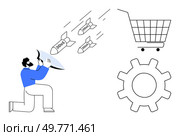A person shields against three missiles labeled DDoS targeting a shopping cart and a gear symbol. Ideal for online security, cyber threats, e-commerce protection, tech defense, and digital safety. Protecting E-Commerce from DDoS Attacks Illustration of Cybersecurity Defense Mechanisms. Стоковая иллюстрация, агентство Ingram Publishing / Фотобанк Лори