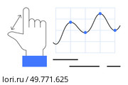 Hand making a gesture next to a line graph with blue data points. Ideal for data presentation, analysis, user interaction, technology, business strategy. Simple, modern, clean. Hand Gesture Indicating Graph Control and Data Interaction. Стоковая иллюстрация, агентство Ingram Publishing / Фотобанк Лори