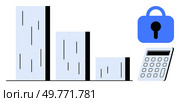 Three light blue bar graphs of different heights are alongside a blue lock and calculator. Ideal for financial analysis, data protection, cybersecurity, accounting, and statistics. Simple, modern. Bar Graph with Lock and Calculator Symbolizing Data Security and Financial Analysis. Стоковая иллюстрация, агентство Ingram Publishing / Фотобанк Лори