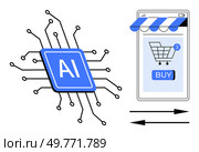 AI chip with circuit lines connected to a smartphone displaying a shopping cart and buy button. Ideal for e-commerce technology, innovation, artificial intelligence, online shopping, and digital. AI-Powered Online Shopping Concept with Circuit Board and Mobile E-Commerce. Стоковая иллюстрация, агентство Ingram Publishing / Фотобанк Лори