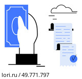 Hand holding money and a long receipt with a check mark symbol against a backdrop of small clouds. Ideal for financial transactions, payments, invoicing, accounting, and business management themes. Hand Holding Money with Bill and Check Mark Concept with Cloud Background for Finances and Transactions. Стоковая иллюстрация, агентство Ingram Publishing / Фотобанк Лори