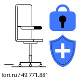 Office chair accompanied by lock and shield with a cross icons. Ideal for security, healthcare, workplace safety, office ergonomics, and data protection themes. Simple and modern style. Office Chair with Security and Health Symbols. Стоковая иллюстрация, агентство Ingram Publishing / Фотобанк Лори