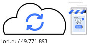 Cloud with sync arrows and mobile app interface displaying a shopping cart. Ideal for e-commerce, cloud computing, online shopping, digital synchronization, mobile apps. Modern flat design. Cloud Sync and Online Shopping Mobile Store Cart with Syncing Arrows. Стоковая иллюстрация, агентство Ingram Publishing / Фотобанк Лори