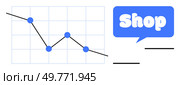 Line graph with blue points showing declining sales next to a speech bubble with text Shop. Ideal for sales trends e-commerce business retail analytics economic decline. Simple flat style. Declining Business Sales Trends with Speech Bubble Highlighting Shop for E-commerce. Стоковая иллюстрация, агентство Ingram Publishing / Фотобанк Лори