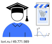 Graduate icon wearing a cap, mobile phone with a shopping cart and buy button, and an X-Y graph. Ideal for themes of online education, e-commerce, data analysis, technology integration, and modern. Online Education and E-commerce Integration Simplifying Learning and Shopping. Стоковая иллюстрация, агентство Ingram Publishing / Фотобанк Лори