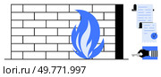 A wall with a blue flame in front, signifying a firewall, next to documents with checkmarks and a hand with a key, representing validation and security. Ideal for data protection, cybersecurity. Cybersecurity Firewall Protection with Document Validation and Certification. Стоковая иллюстрация, агентство Ingram Publishing / Фотобанк Лори