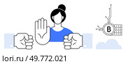 Woman with raised hand stopping two fists representing conflict or disagreement. Bitcoin symbol at the side indicating financial disagreement. Ideal for mediation conflict resolution financial. Woman Stopping Conflict Between Two Fists With Bitcoin Symbol. Стоковая иллюстрация, агентство Ingram Publishing / Фотобанк Лори