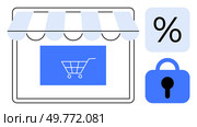 Storefront with awning and shopping cart icon. Includes percentage symbol and padlock. Ideal for online shopping security discounts e-commerce websites and sales promotions. Simple modern style. Online Shopping Storefront with Discount and Security Symbols Highlighted. Стоковая иллюстрация, агентство Ingram Publishing / Фотобанк Лори