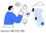 A man gestures toward five sensory system icons including touch, hearing, sight, and smell. Beside him is a detailed checklist with a checkmark. Ideal for education, health, sensory processing. Man Interacting with Sensory Icons and Checklist in Minimalist Blue Design. Стоковая иллюстрация, агентство Ingram Publishing / Фотобанк Лори