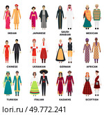 Men and women in traditional attire representing various countries and cultures. For cultural diversity, world heritage, tradition, global unity, inclusion, cultural representation, multiculturalism.. International group of men and women in traditional costumes from different countries and cultures. Стоковая иллюстрация, агентство Ingram Publishing / Фотобанк Лори