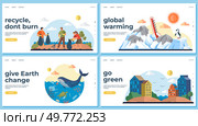 Four diverse scenes with messages about recycling, global warming, marine life conservation, and green living. Ideal for environmental education, conservation efforts, awareness campaigns. Environmental Awareness with Recycling, Global Warming, Conservation, and Green Living Messages. Стоковая иллюстрация, агентство Ingram Publishing / Фотобанк Лори