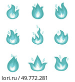 Several blue and white flames displayed in a 3x3 grid represent different shapes. Ideal for design projects, icons, animations, fantasy themes, and games. Simple, modern, stylized. Collection of Nine Blue and White Fire Flame Icons in Various Shapes for Design Projects. Стоковая иллюстрация, агентство Ingram Publishing / Фотобанк Лори