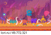 A whimsical, alien environment with colorful, strange plants and creatures under a purple sky filled with comets. Ideal for science fiction, fantasy, video game backgrounds, imaginative stories, kids. Alien Landscape with Mysterious Creatures in a Fantasy World. Стоковая иллюстрация, агентство Ingram Publishing / Фотобанк Лори