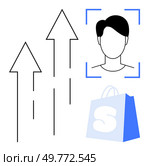 Arrows pointing upwards, a faceless person inside a facial recognition frame and a shopping bag symbolize growth, user profiling, and e-commerce. Ideal for online shopping, facial recognition. Growth and Profiling in Online Shopping with Increased User Recognition. Стоковая иллюстрация, агентство Ingram Publishing / Фотобанк Лори