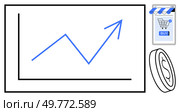 Blue upward graph line on black axis, online shopping cart with buy button, and dollar coin. Ideal for ecommerce, sales, growth, financial success, market trends. Clean minimalist style. Shopping Cart and Increasing Graph Line with Coin E-commerce Business Growth and Money Concept. Стоковая иллюстрация, агентство Ingram Publishing / Фотобанк Лори