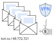 Multiple open emails are shown with a VPN shield icon and a blockchain Bitcoin symbol. Ideal for security, data privacy, email encryption, blockchain technology, and VPN services. Simple vector style. Secure Communication with Encrypted Emails and Blockchain Technology for VPNs. Стоковая иллюстрация, агентство Ingram Publishing / Фотобанк Лори