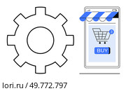 Gear icon next to smartphone with online shop interface and shopping cart, symbolizing e-commerce and settings. Ideal for online shopping, mobile apps, e-commerce, user interface, and settings. E-Commerce Mobile Shopping with Settings Gear Icon. Стоковая иллюстрация, агентство Ingram Publishing / Фотобанк Лори