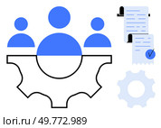 Three blue person icons above a large cogwheel and one document paper icon with blue tick. Ideal for business teamwork, collaboration efficiency, workflow optimization, project management. Business Team Collaboration and Workflow Optimization Vector Design. Стоковая иллюстрация, агентство Ingram Publishing / Фотобанк Лори