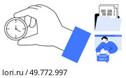 Hand holding clock, folder of documents. Man with cashback card. Ideal for business, time management, financial planning, rewards programs, digital processes. Modern, minimalist, clean. Time Management, Financial Documents, and Cashback Rewards in Business Operations. Стоковая иллюстрация, агентство Ingram Publishing / Фотобанк Лори