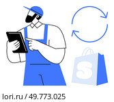 A man in a uniform holding a digital tablet with a shopping bag and a recycling symbol. Ideal for eCommerce, logistics, delivery services, digital management, and product returns. Modern vector style. Digital Logistics and Product Management with a Modern Delivery Concept. Стоковая иллюстрация, агентство Ingram Publishing / Фотобанк Лори