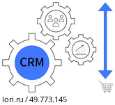 Three interconnected gears with CRM, user icons, and growth chart symbolizing Customer Relationship Management. Shows a blue arrow and shopping cart. Ideal for business, growth strategy, e-commerce. CRM Effectiveness in E-Commerce Business Growth and Customer Relation Management. Стоковая иллюстрация, агентство Ingram Publishing / Фотобанк Лори