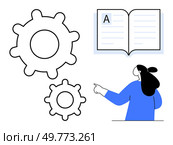 Two gear icons and an open book with a person pointing at them portraying learning. Ideal for education, knowledge sharing, technical learning, mechanical concepts, instructional design. Outline. Person Pointing at Gears and Open Book Concept Linking Knowledge and Mechanisms. Стоковая иллюстрация, агентство Ingram Publishing / Фотобанк Лори