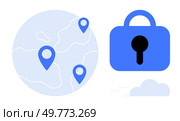 A global map with blue geotag markers beside a blue padlock. Ideal for themes of online security, cybersecurity, data protection, geolocation services, and maps. Vector art, minimalist style, mostly. Global Positioning and Security Lock Symbol with Blue Geotags. Стоковая иллюстрация, агентство Ingram Publishing / Фотобанк Лори