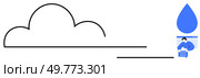 Minimalist line drawing of a cloud with a blue raindrop containing a cartoon character holding a milk carton. Ideal for weather themes, dairy products, simplicity in design, childrens illustrations. Minimalist Line Art of Cloud and Raindrop with Cartoon Character Inside. Стоковая иллюстрация, агентство Ingram Publishing / Фотобанк Лори