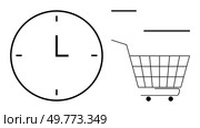 Large clock beside a shopping cart. Ideal for themes time management, shopping efficiency, online shopping, delivery schedules, urgency. Simple vector style with black line art on white background. Clock and Shopping Cart Symbolizing Time-Sensitive Shopping. Стоковая иллюстрация, агентство Ingram Publishing / Фотобанк Лори