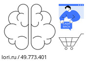 Simple line art brain with a person offering cashback in an online window, and a shopping cart icon. Ideal for e-commerce, marketing strategy, customer retention, online shopping, consumer. Cashback and Brain Concept with Shopping Cart Symbol in Modern Vector Style. Стоковая иллюстрация, агентство Ingram Publishing / Фотобанк Лори