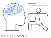 Simplified outlines of a human head with tangled lines inside, suggesting brain activity, next to a stick figure in a running pose. Ideal for psychology, mental health, fitness, cognitive science. Simplified Human Representation with Brain Circuits and Active Person. Стоковая иллюстрация, агентство Ingram Publishing / Фотобанк Лори