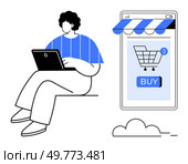 A person with a laptop sits beside a giant mobile screen displaying an online store. Ideal for e-commerce, online shopping, digital marketing, mobile apps, web development. Modern, minimalist, clean. Person Shopping Online with Laptop and Mobile Storefront Display. Стоковая иллюстрация, агентство Ingram Publishing / Фотобанк Лори