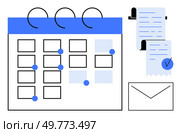 A simple calendar with dates marked using dots and a to-do checklist on a paper. An envelope and a document roll are also visible. Ideal for time management, organization, productivity, planning. Calendar Planner with Checklist and Envelopes for Efficient Event and Task Management. Стоковая иллюстрация, агентство Ingram Publishing / Фотобанк Лори