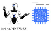 A humanoid robot gestures beside a highlighted blue microchip shaped like a brain. The image explores the connection between robotics, AI, and neuroscience. Ideal for technology, AI, robotics. AI Robot with Brain-Inspired Microchip. Стоковая иллюстрация, агентство Ingram Publishing / Фотобанк Лори