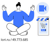 Person meditating in a calm position, a video symbol beside them, and a smart device displaying shopping cart with notifications. Ideal for mindful shopping, online relaxation, digital balance. Serenity in Online Shopping and Video Communication. Стоковая иллюстрация, агентство Ingram Publishing / Фотобанк Лори
