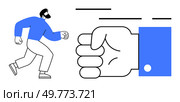 A man running towards a giant fist ready to punch. Ideal for themes like motivation, strength, determination, confrontation, and challenge. Simple lines and vibrant blue color. Man Running Towards Giant Fist Colorful Cartoon Style Featuring Blue. Стоковая иллюстрация, агентство Ingram Publishing / Фотобанк Лори