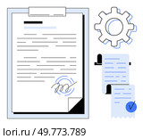 A signed document, receipt with checkmark, and gear icon representing settings. Ideal for business, contracts, administrative tasks, legal agreements, and documentation processes. Outline drawing. Document Management and Legal Agreement with Gears Symbol Representing Settings or Configurations. Стоковая иллюстрация, агентство Ingram Publishing / Фотобанк Лори
