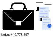 Black briefcase accompanied by two documents with blue checkmarks and lines. Ideal for business, finance, organization, office work, and productivity. Minimalist and professional style. Business Briefcase and Document with Checkmark - Simplistic Design for Professional Themes. Стоковая иллюстрация, агентство Ingram Publishing / Фотобанк Лори