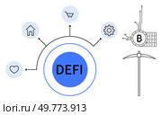 Modern graphic with DeFi at the center, connected to icons of home, shopping, gear, and heart. Includes Bitcoin mining symbol with pickaxe. Ideal for blockchain, cryptocurrency, finance, technology. Decentralized Finance Concepts with Blockchain and Cryptocurrency Technology. Стоковая иллюстрация, агентство Ingram Publishing / Фотобанк Лори