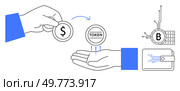 Two hands exchange a dollar coin for a token referring to cryptocurrency. Connected bitcoin symbol and digital wallet also appear. Ideal for financial education, blockchain info, cryptocurrency use. Digital Currency Exchange Illustrated with Token and Bitcoin Technology. Стоковая иллюстрация, агентство Ingram Publishing / Фотобанк Лори